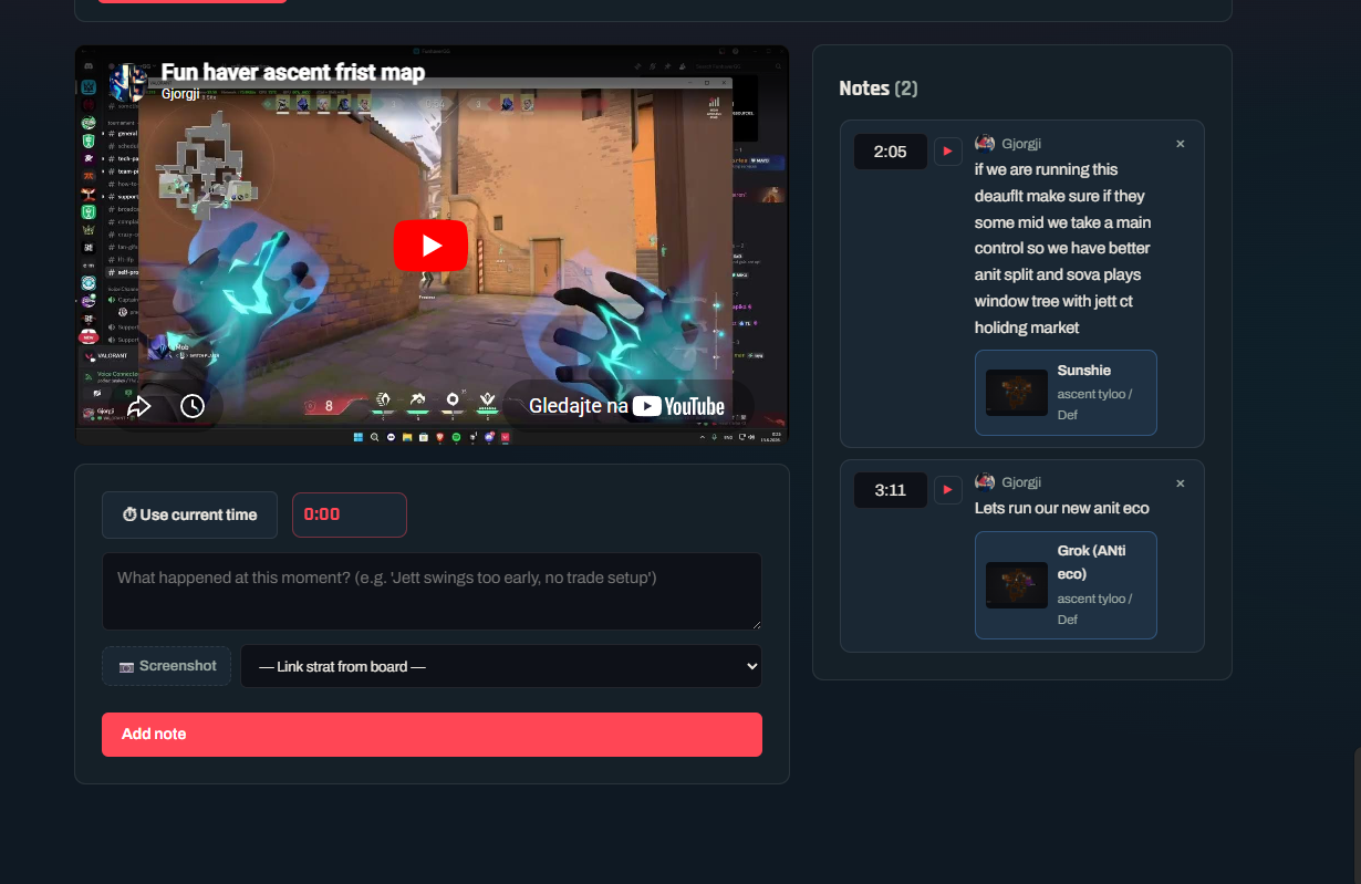 VOD review tool with YouTube player and timestamped timeline notes